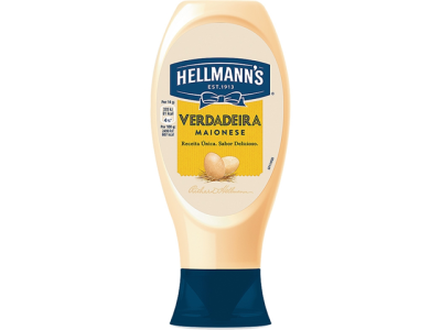 Garrafa de maionese Hellmanns Verdadeira com rótulo azul e amarelo