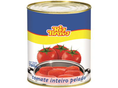 Lata de tomate inteiro pelado Rio Bravo 780g com imagens de tomates frescos e pelados