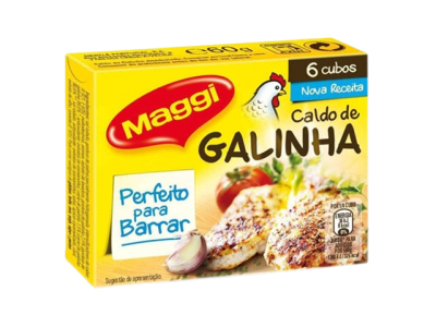 Embalagem amarela de caldo de galinha Maggi com texto e imagem de frango grelhado.