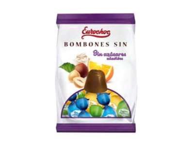 Pacote de bombons Eurochoc branco com detalhes roxos e texto em espanhol