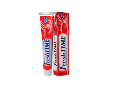 pasta de dentes Fresh TIME em tubo plástico vermelho e branco com embalagem de cartão
