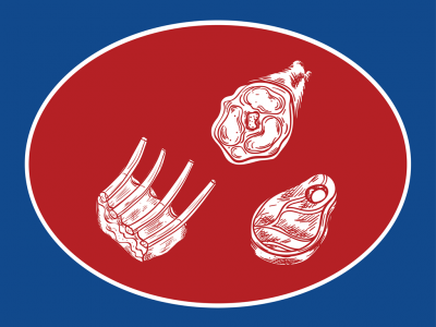 Ilustrações brancas de cortes de carne num círculo vermelho sobre fundo azul