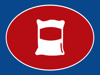 Ícone branco de um saco numa oval vermelha com fundo azul