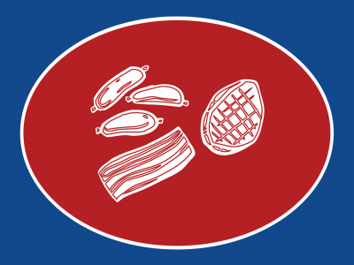 Desenho branco de peças de carne sobre fundo oval vermelho com borda branca, fundo azul