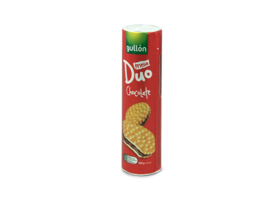 Embalagem cilíndrica vermelha de bolachas Gullón Mega Duo Chocolate.