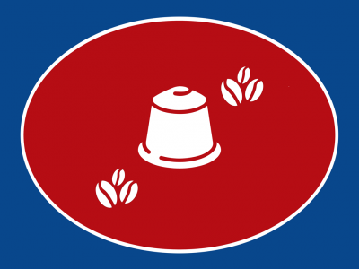 Gráfico de cápsula de café branca com grãos de café num fundo azul e oval vermelho