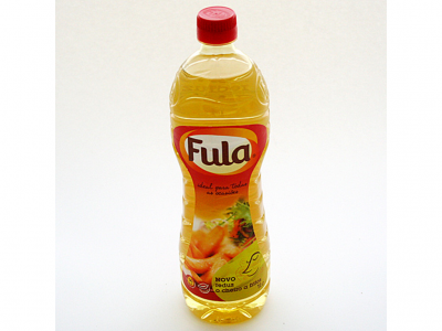 Garrafa de óleo Fula com rótulo vermelho e amarelo e tampa vermelha