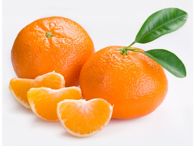 Duas tangerinas laranja com três gomos descascados e duas folhas verdes num fundo branco