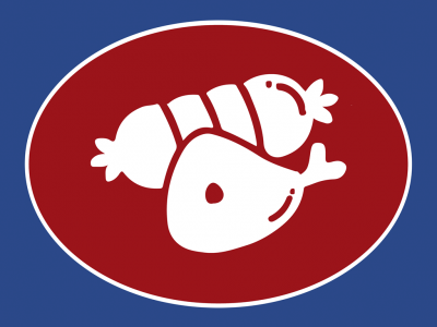 Logótipo com fiambre e carne branca sobre fundo vermelho oval.