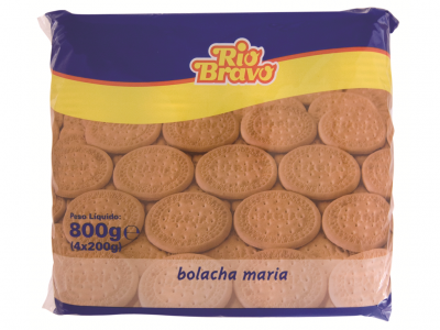 Pacote de bolachas Maria Rio Bravo com 800g exibindo bolachas ovaladas bege claro