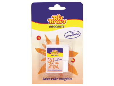 Embalagem de adoçante Rio Bravo com 100 comprimidos e design colorido