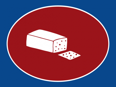 símbolo de pão em círculo vermelho sobre fundo azul