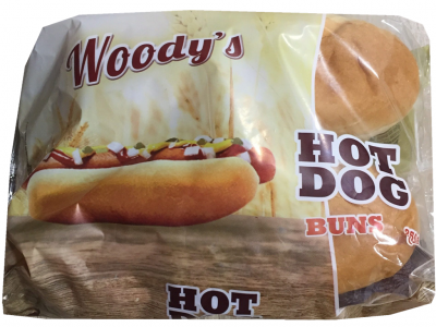 Pacote de pães para hot dog da marca Woody's com pães dourados visíveis.