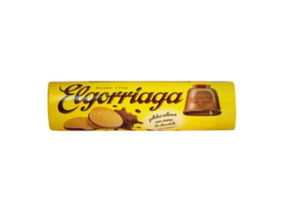 Bolachas Elgorriaga recheadas com creme de chocolate em pacote amarelo
