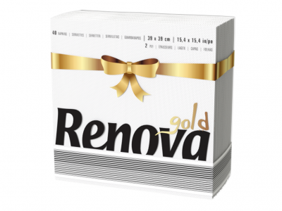 Embalagem branca de lenços de papel Renova Gold com fita dourada e laço