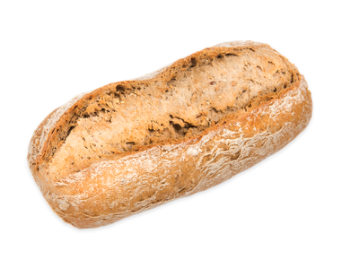 Pão rústico dourado com corte no topo sobre fundo branco