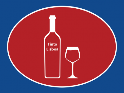 Gráfico de garrafa e copo de vinho tinto com texto Tinto Lisboa em oval vermelho