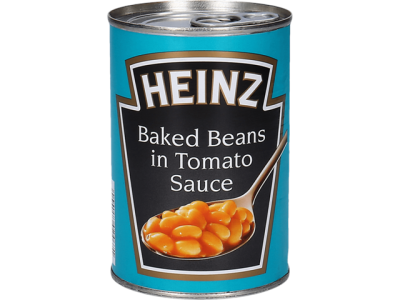 Lata de feijão Heinz em molho de tomate com rótulo azul