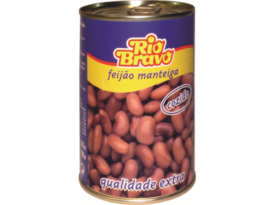 Lata de feijão Rio Bravo com texto e imagem de feijões