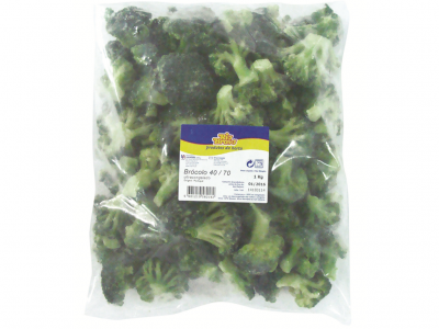 Pacote plástico de brócolos congelados com etiqueta azul, amarela e branca
