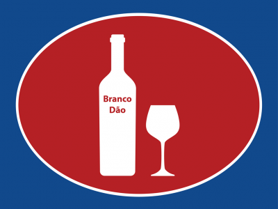 Símbolo com garrafa de vinho e taça em fundo vermelho e azul com texto Branco Dão