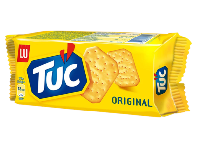 Pacote amarelo de bolachas salgadas TUC Original da LU com texto e imagem das bolachas.