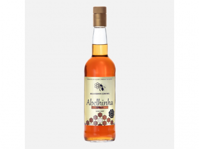 Garrafa de licor Abelhinha canela com rótulo hexagonal creme e castanho