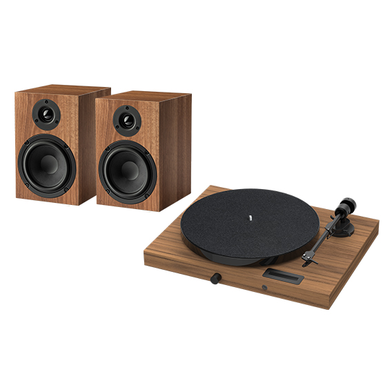 Juke Box E1 HiFi Set gira-discos e altifalantes com acabamento em madeira castanha