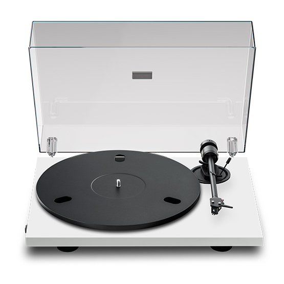 E1.2 - Gira-Discos Toca-discos branco com prato preto e tampa transparente