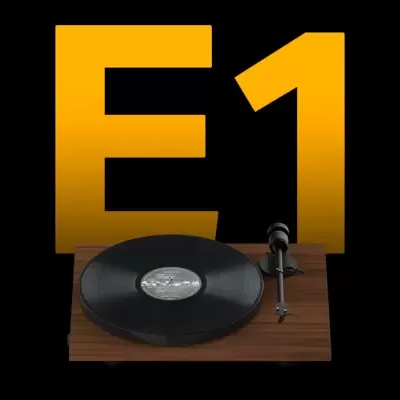 Três gira-discos com discos pretos e texto amarelo E1 ao fundo