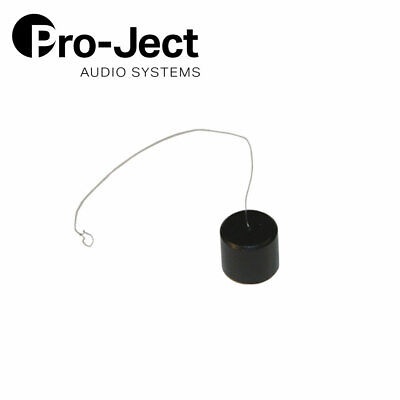 Peso cilíndrico preto com fio metálico e gancho, texto Pro-Ject AUDIO SYSTEMS