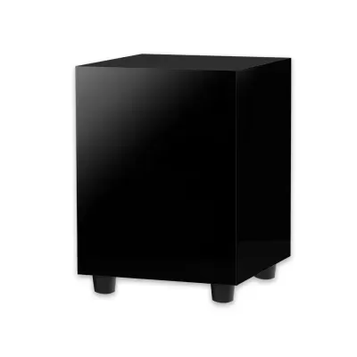 Subwoofer preto com quatro pés pequenos sobre fundo branco