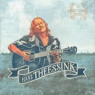 Ilustração vintage de homem tocando guitarra com texto de festa de aniversário