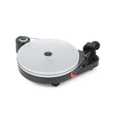 Prateleira giratória para leitor de discos vinil preta e cinzenta com agulha vermelha