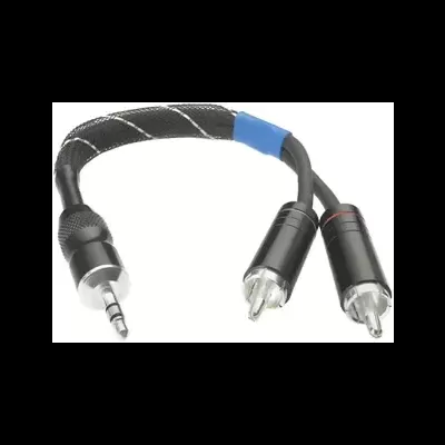 Adaptador de áudio 3,5 mm para RCA com cabo revestido em tecido e terminações metálicas.