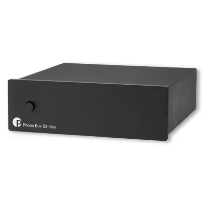 Aparelho eletrónico preto Phono Box S2 Ultra retangular com botão frontal