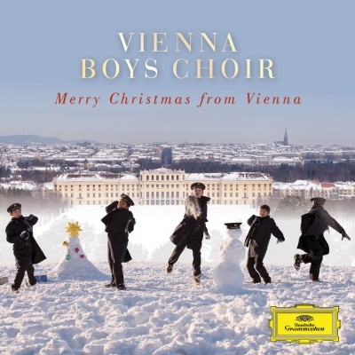 Capa de álbum com rapazes na neve em frente a palácio com texto Vienna Boys Choir Merry Christmas from Vienna