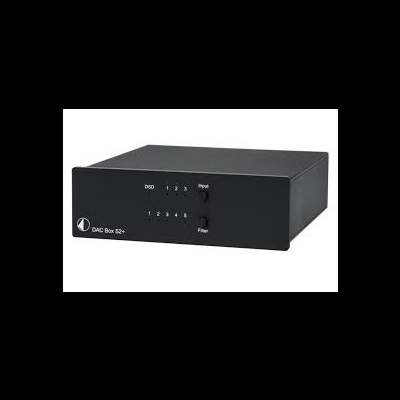 Aparelho electrónico preto com LEDs e texto DAC Box 52+