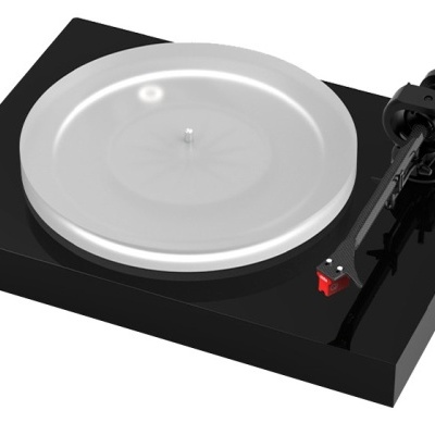 Prato giratório preto para vinil com braço e agulha vermelha