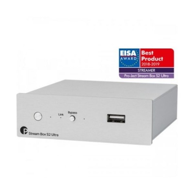 Caixa de streaming metálica prateada Pro-Ject Stream Box S2 Ultra com botões e porta USB