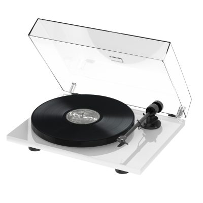 Gira-discos branco com tampa transparente e vinil preto