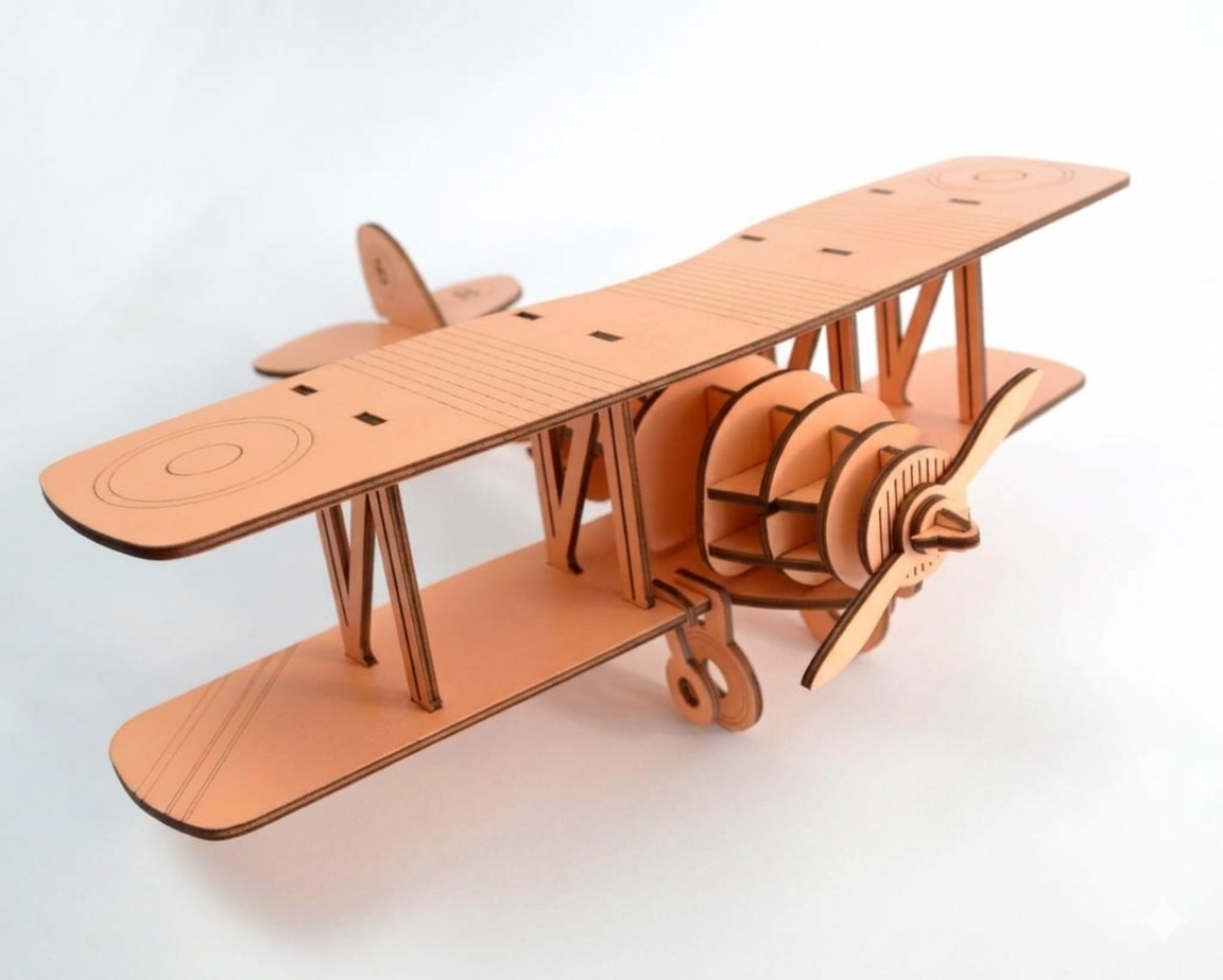 MODEL NR.8 - XL (aviao) Modelo de avião biplano de madeira clara com hélice em fundo branco