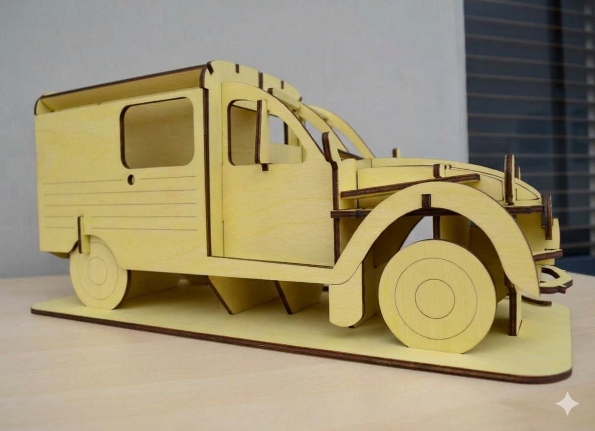 MODEL NR.2.1 VAN - XL Modelo de viatura utilitária feita em madeira clara sobre base plana.