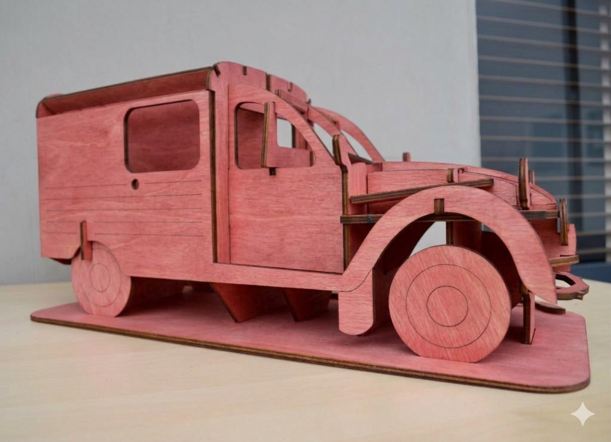 MODEL NR.2.1 VAN - XL Miniatura de camião de madeira cor de rosa sobre superfície clara