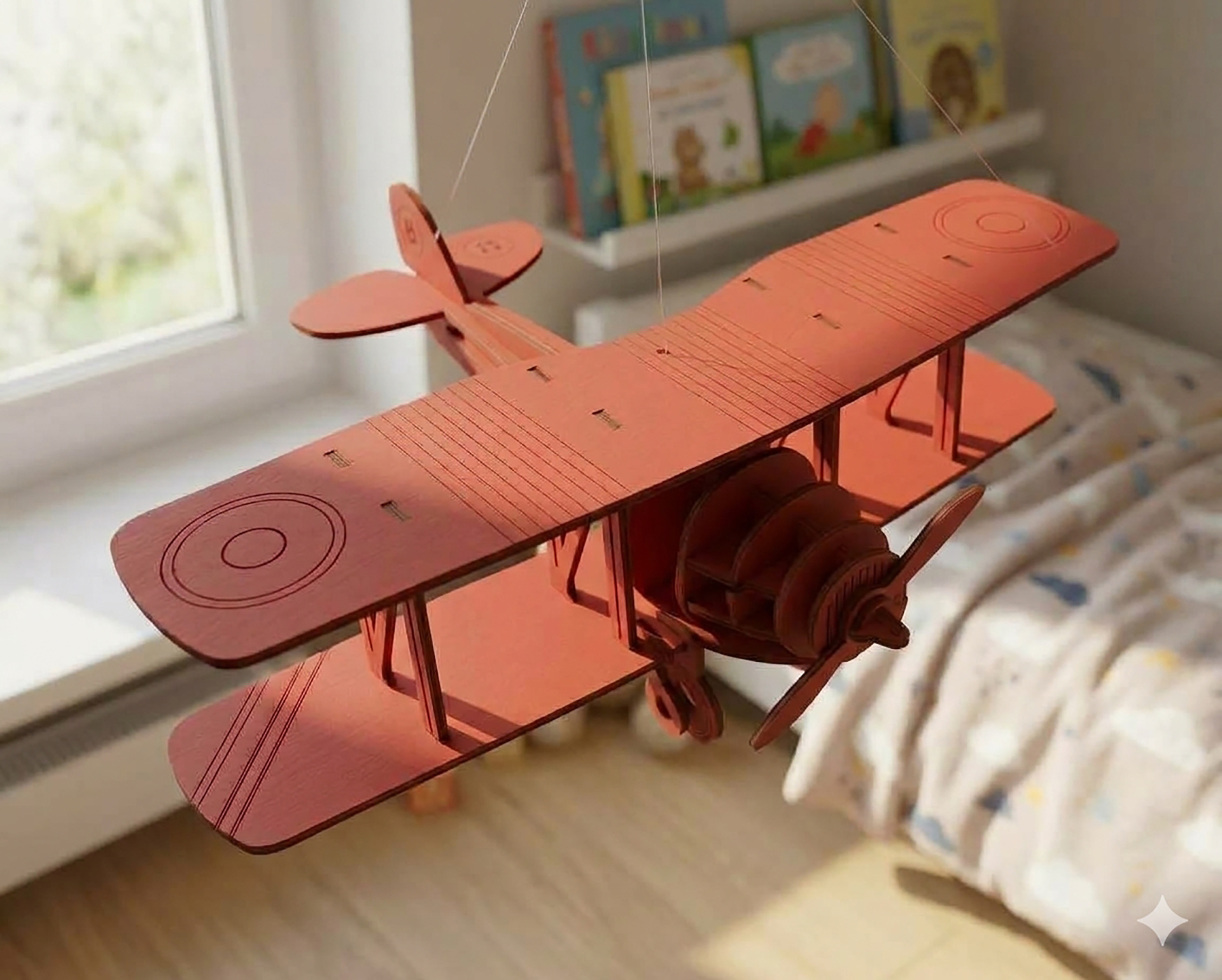 MODEL NR.8 - XL (aviao) Modelo pendurado de avião biplano vermelho em ambiente interior com janela e prateleira