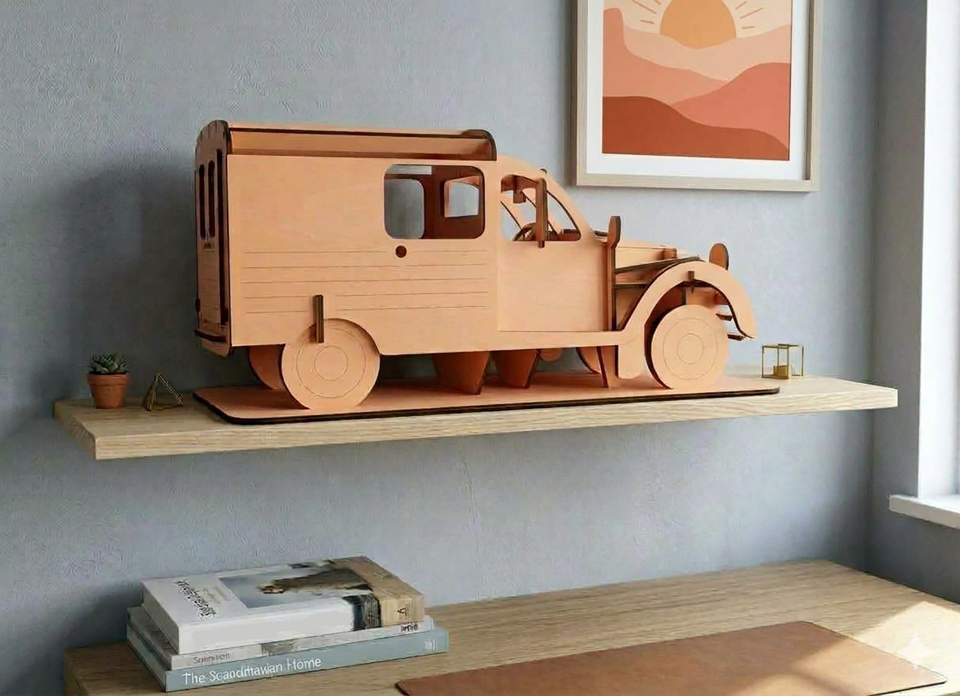 MODEL NR.2.1 VAN - XL Modelo de carro vintage em madeira numa prateleira com planta e livros