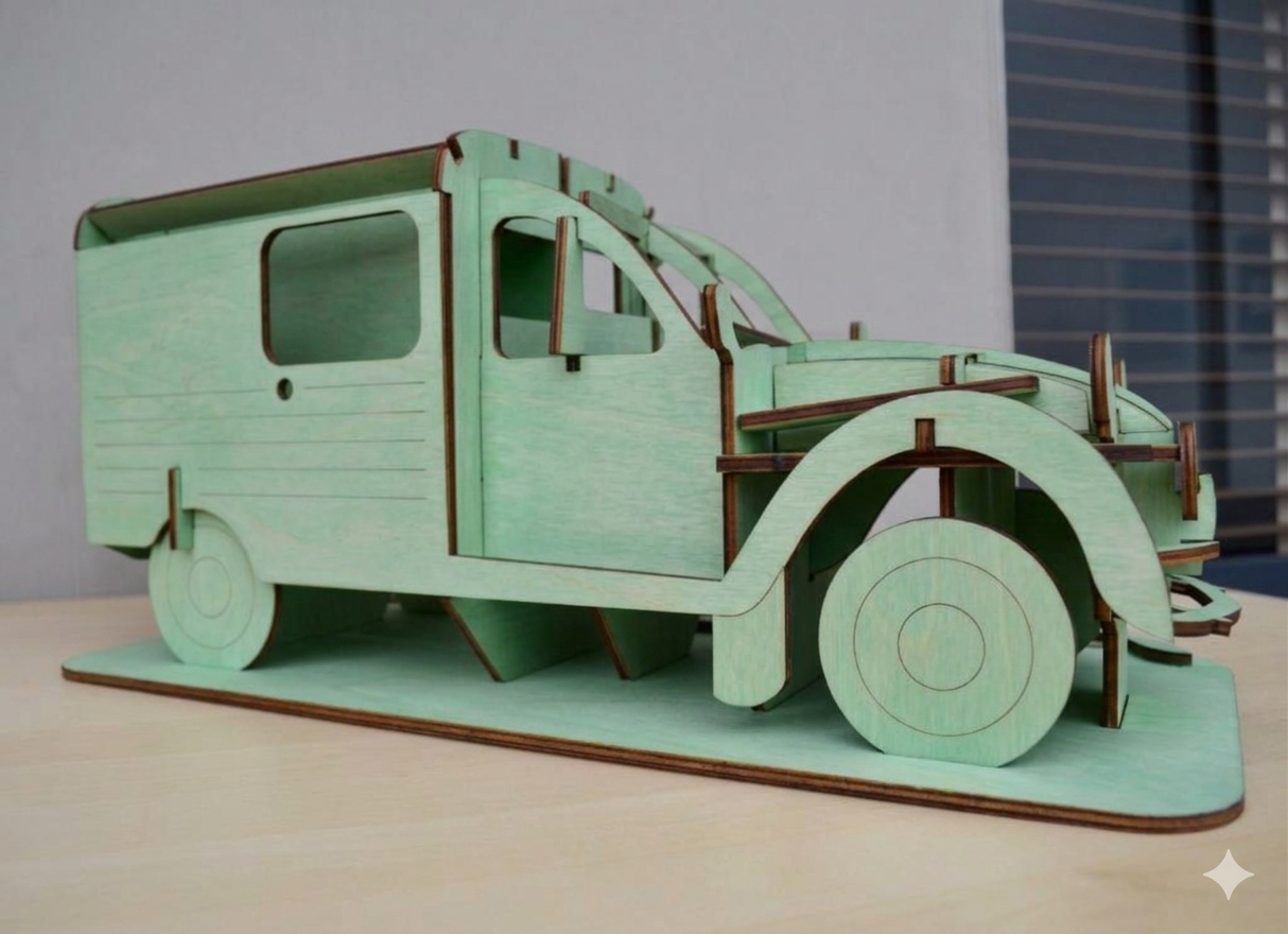 MODEL NR.2.1 VAN - XL Modelo de carro em madeira verde claro sobre base retangular da mesma cor
