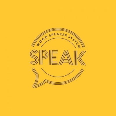 Logotipo preto em fundo amarelo com texto 'WOOD SPEAKER SYSTEM SPEAK' dentro de um balão de fala desenhado.