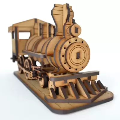 Miniatura de comboio em madeira clara e escura com detalhes texturizados