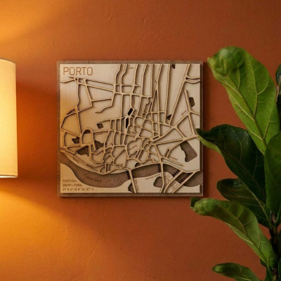 Quadro mapa 3D da cidade do Porto em madeira